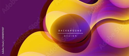 Abstract layers overlap, creating vibrant purple, yellow gradients. Modern design features text background design within central shape.