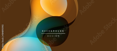 Abstract fluid shapes overlap, creating vibrant color gradients. Brown background complements orange, blue hues. Text reads background design.