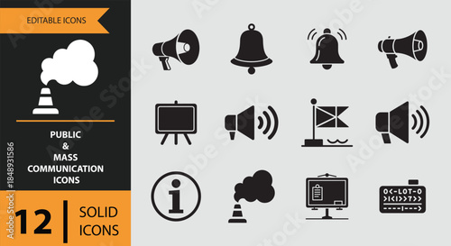 Essential public and mass communication icons: announcements, alerts, and information