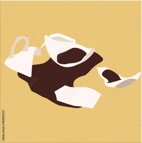 broken glass, broken mug, coffee in a broken glass
