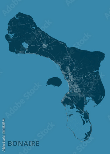 map of Bonaire Island, rendered in shades of teal. The map showcases the island's shape, roads, and geographical features with precision.