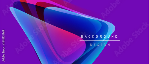 Abstract geometric shapes overlap, creating vibrant gradients. Purple background emphasizes blue, red highlights. Modern design element.