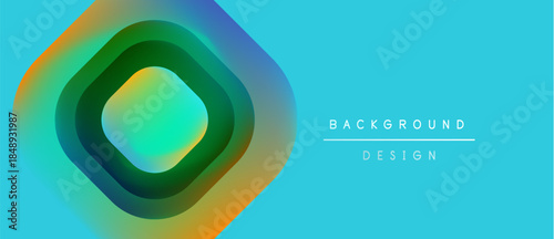 Abstract design features layered shapes, vibrant colors. Turquoise background complements orange, green gradients. Modern aesthetic.