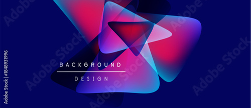 Abstract geometric shapes overlap, creating vibrant color gradients. Dark blue background emphasizes bright pinks, purples, turquoise hues. Modern design element.