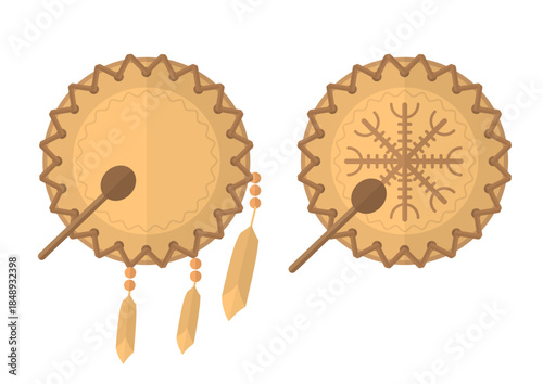 Shaman's Drum. Native American and Nordic Instrument. Flat Vector Illustration on White Background