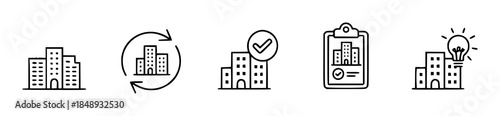 Black outline building with checkmark clipboard and lightbulb symbols editable pictogram