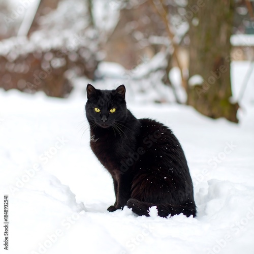 Shiny black cat sits attentively in deep, powdery snow, with blurry winter foliage in the background