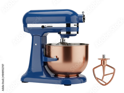 Картината върху платно Isolated blue stand mixer with copper bowl and beater, kitchen appliance for bak