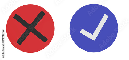 Simple graphic design featuring a red circle with a black x mark next to a blue circle with a white checkmark symbolizing choice and decision making