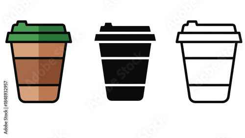 Vector set of three coffee cup icons featuring flat color, solid black silhouette, and linear outline styles, isolated paper cups with lids for cafe and beverage branding designs