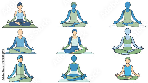 Minimalist Flat Vector Illustration Set Of A Calm Person Meditating In Lotus Pose For Mental Health Awareness And New Year Wellness Resolution Concepts