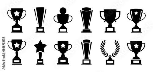 Black trophy cup set with star and laurel wreath isolated white background prize symbol
