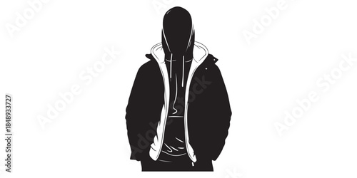 Black hoodie front silhouette icon vector illustration design on white background, hoodie on white background, Silhouette of a Person Wearing a Hoodie.