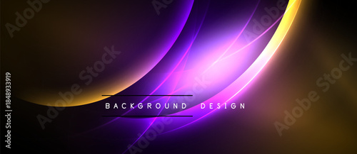 Abstract background features vibrant purple, gold curves. Dark space surrounds bright central glow. Text reads background design.