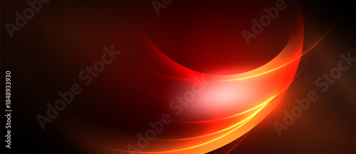 Abstract red design features flowing curves, bright highlights, dark background. Dynamic composition evokes energy, motion, warmth.