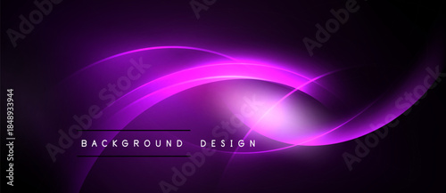 Abstract purple design features curved lines, glowing effect. Dark background emphasizes bright central light source. Text reads background design.