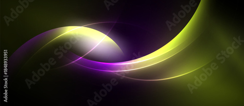 Abstract design features flowing curves, vibrant colors. Purple, yellow hues blend against dark background. Smooth gradients create dynamic visual effect.