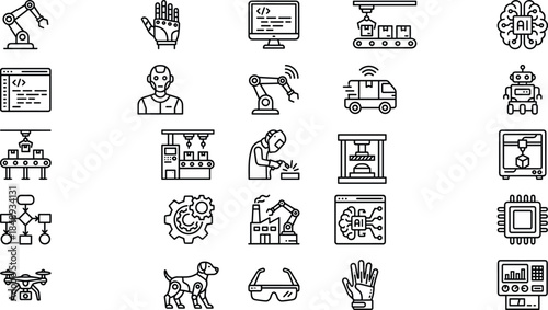 Artificial intelligence and smart manufacturing line icon set featuring robotics, automation, coding, AI systems, Industry 4.0 production, and digital technology