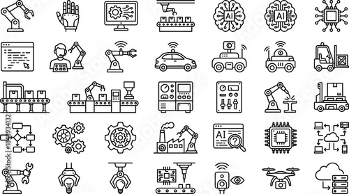 Artificial intelligence and industrial automation line icon set featuring robotics, smart factories, autonomous vehicles, machine learning, and Industry 4.0 technology