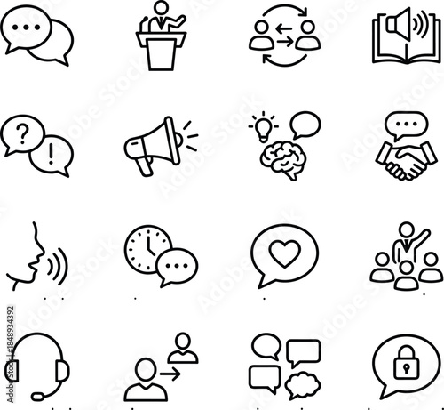 Communication and interaction line icons set featuring chat speech teamwork support ideas conversation customer service vector illustration collection