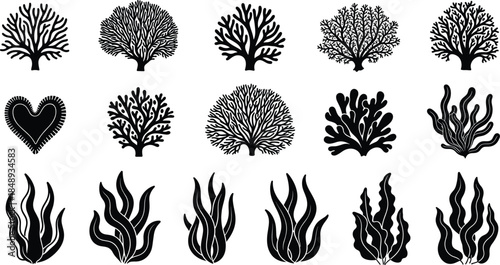 Sea Coral and Underwater Plant Silhouette Vector Set with Black Reef Shapes, Marine Flora, and Ocean Nature Elements for Aquarium, Tattoo, and Coastal Design Projects
