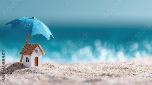 Miniature beach house blue umbrella on sunny sandy shore