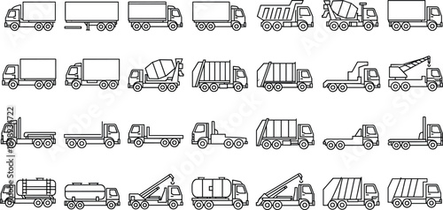 Heavy duty truck line icon set featuring cargo, dump, tanker, concrete, crane, garbage, and commercial transportation vehicles