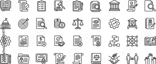 Legal and business documentation line icon set featuring contracts compliance finance law audit governance outline symbols vector collection