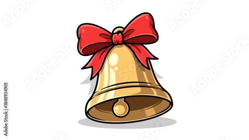 Golden christmas bell with a vibrant red ribbon bow and a clapper inside, depicted as a stylized cartoon illustration with a white background and subtle shadow