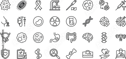 Medical and healthcare line icon set featuring biology laboratory diagnostics treatment anatomy wellness outline symbols vector collection