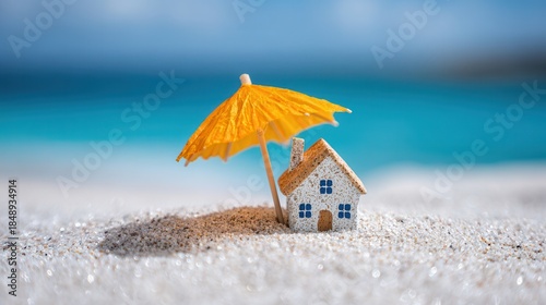 Miniature house with yellow umbrella on beach sand