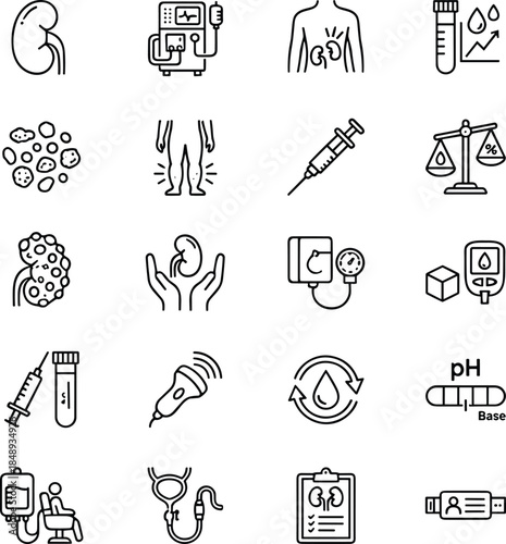 Medical diagnostics and laboratory line icon set featuring anatomy, blood tests, injections, pH analysis, healthcare equipment, and clinical research symbols