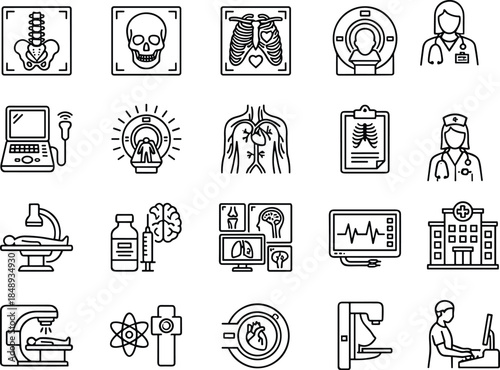 Medical diagnostics and radiology line icon set featuring anatomy scans, X ray imaging, MRI, ultrasound, healthcare equipment, and clinical analysis symbols