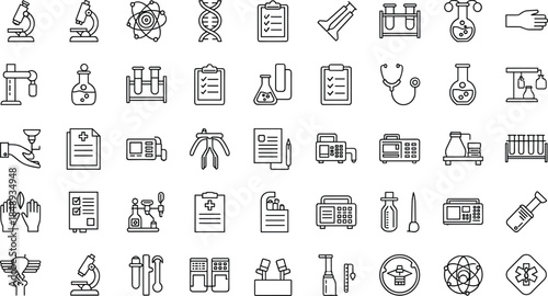 Medical laboratory and healthcare line icon set featuring diagnostics equipment research treatment science outline symbols vector collection