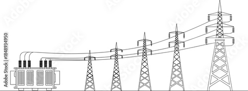 Electric power transmission line illustration, high voltage pylons with transformer station and overhead cables, energy infrastructure concept, black and white vector isolated