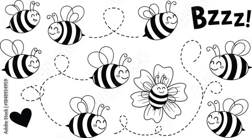Cute Bee Cartoon Vector Illustration Set with Flying Bees, Dotted Flight Paths, Flower, and Fun Buzz Text for Kids Designs, Stickers, Coloring Pages, and Nature Graphics