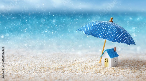 Miniature house umbrella on sandy beach summer