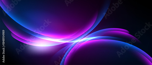 Abstract flowing shapes, vibrant purple, blue hues. Light radiates from center, creating dynamic visual effect. Dark background enhances luminosity.