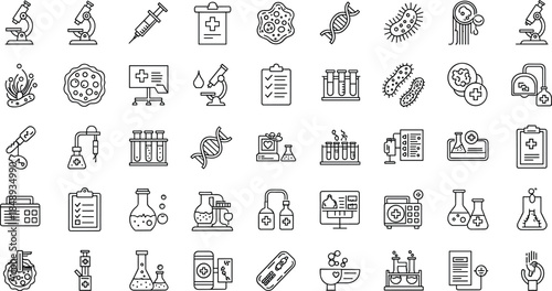 Medical laboratory and microbiology line icon set featuring research equipment, DNA, bacteria, diagnostics, healthcare testing, and scientific analysis symbols