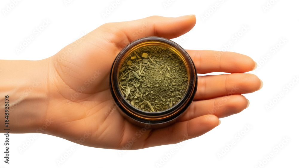 Fototapeta premium Isolated open jar of dried medicinal herb blend in human hand, herbalism, natural remedy