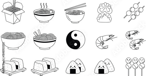 Asian Food Line Art Vector Illustration Set Featuring Ramen Bowls, Dumplings, Shrimp, Onigiri, Skewers, and Traditional Cuisine Icons for Menu, Restaurant, and Culinary Design Projects