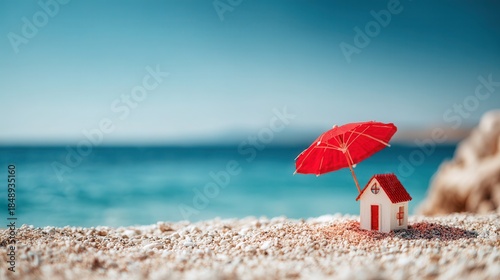 Miniature house on sandy beach with red umbrella