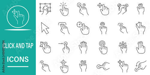 Click and tap icon set in line style. Set of 24 icons related to finger interaction, swipe, slide, finger pointer, drag, zoom, scroll and more vector collection.