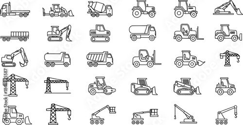 Construction Machinery Line Icon Vector Set Featuring Heavy Equipment Vehicles, Cranes, Trucks, and Industrial Transport Symbols for Building and Engineering Projects