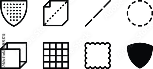 Geometric outline shapes icon set, abstract frames borders and symbols collection, dotted dashed line elements, minimal black vector design isolated on white background