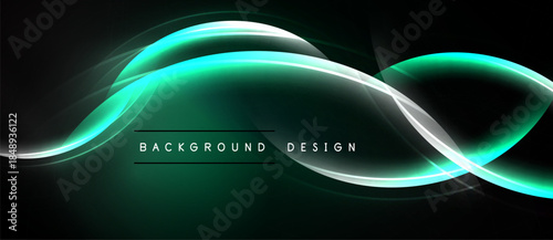Abstract flowing lines, teal glow, dark backdrop. Modern design element, sleek curves, dynamic composition. Minimalist aesthetic.