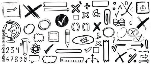 Hand drawn blue highlights, underlines and emphasis crayon elements. Blue pen arrow collection on checkered paper sheet.Yellow marker highlight set. Underlines, emphasis elements and arrows for hand