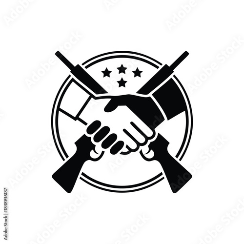 Military cooperation logo design symbolizing peace agreement or truce between armed forces represented by handshake and rifles