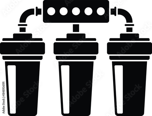 Industrial water filtration system illustration, black and white purification equipment vector icon showing multiple filter cartridges for clean water treatment concept