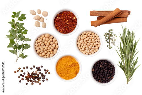 Aromatic Harmony: A meticulously arranged assortment of vibrant spices and fragrant herbs, offering a visual symphony of culinary delight.